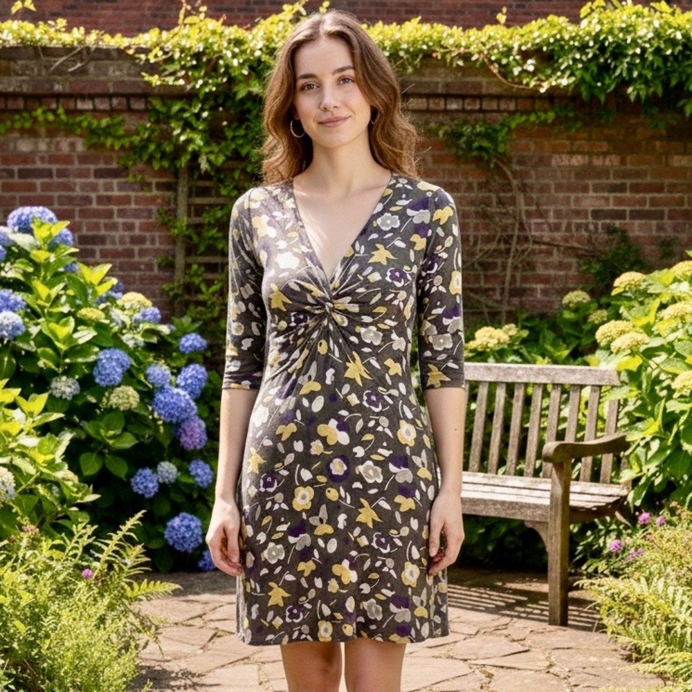 Boden Floral V Neck Front Knee Length Dress Gray Yellow Purple 3/4 Sleeve Size 8
